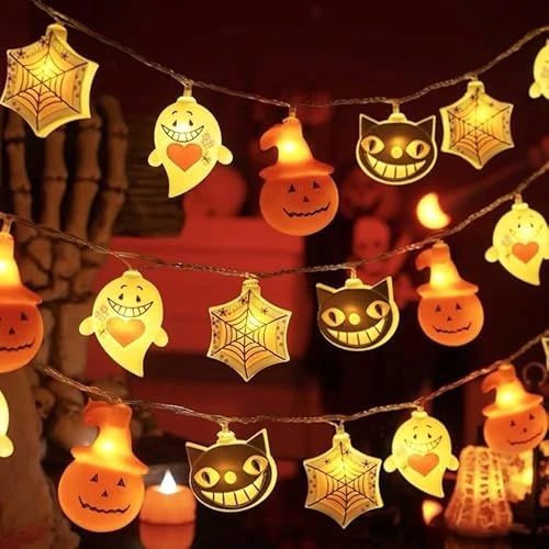 SULOLI Halloween-lichtsnoer, 3 m, 20 leds, spinnenweb, pompoen, kat, lichtketting voor thuis, feest, tuin