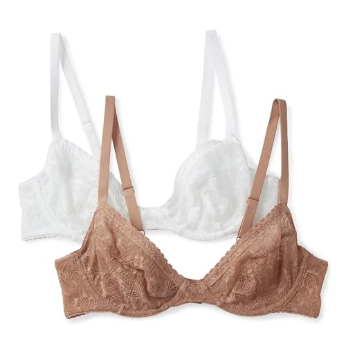 Amazon Essentials Reggiseno con Scollo Profondo in Pizzo Elasticizzato non Imbottito con Ferretto Donna, Bianco/Bronzo Lavato, 1B