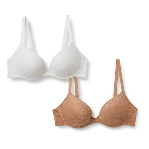 Offerta a tempo: Amazon Essentials Reggiseno Push-up Foderato Interamente in Pizzo Elasticizzato Donna, Pacco da 2, Bianco/Bronzo Lavato, 1C - 0.00% da 24.22 € a 24.22 €