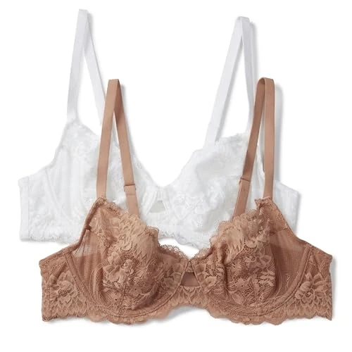 Limited-time offer: Amazon Essentials Women's Non-Padded Underwire Balconette Bra, Soft Stretch Lace, Pack of 2, White / Washed Bronze, 34B from $18.57 to $16.64 (save 10%)