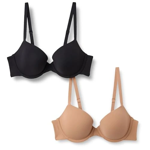 Amazon Essentials Women's Peached Microfibre Lined Demi Bra, Pack of 2, Black/Washed Bronze, 34A