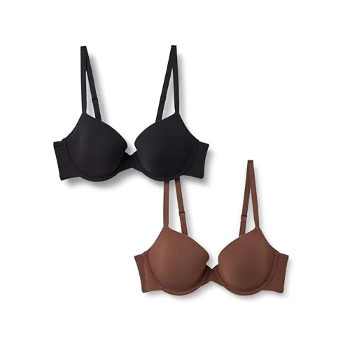 Amazon Essentials Reggiseno Demi Foderato in Microfibra Effetto Pesca Donna, Pacco da 2, Nero/Nocciola, 1E