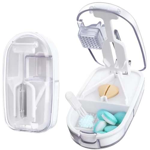 Alyvisun Taglia Pastiglie, Taglia Pillole Di Precisione Portatile, Taglio V con Macinatura, Comprimido che Scivola Automaticamente, Protezione Lama di Sicurezza e Stoccaggio (Trasparente)