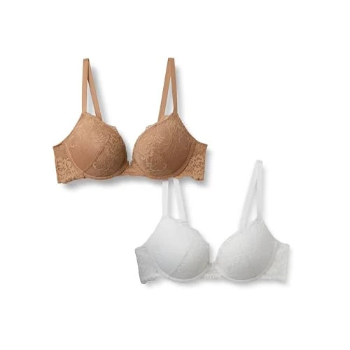 Amazon Essentials Women's Stretch Galloon Lace Push Up Wired Bra, Pack of 2, Washed Bronze/White, 32C