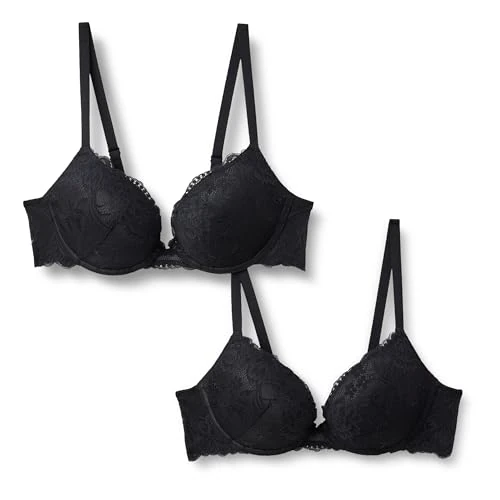 Offerta a tempo: Amazon Essentials Reggiseno Push-up Imbottito in Pizzo con Ferretto Donna, Confezione da 2, Nero, 3C - 30% da 25.20 € a 17.72 €