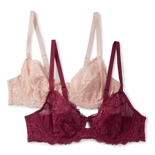 Offerta a tempo: Amazon Essentials Reggiseno a Balconcino in Pizzo Elasticizzato Donna, Confezione da 2, Bordeaux/Petalo Chiaro, 1C - 0.00% da 29.59 € a 29.59 €