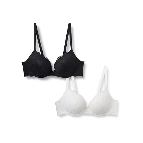 Offerta a tempo: Amazon Essentials Reggiseno Push-up Imbottito in Pizzo con Ferretto Donna, Confezione da 2, Nero/Bianco, 1C - 0.00% da 28.76 € a 28.76 €