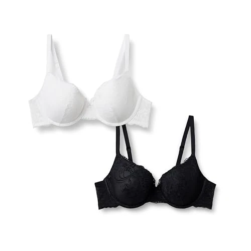 Amazon Essentials Sujetador con Aros y Copa Completa, Encaje Elástico con Detalles Mujer, Pack de 2, Blanco/Negro, 95A