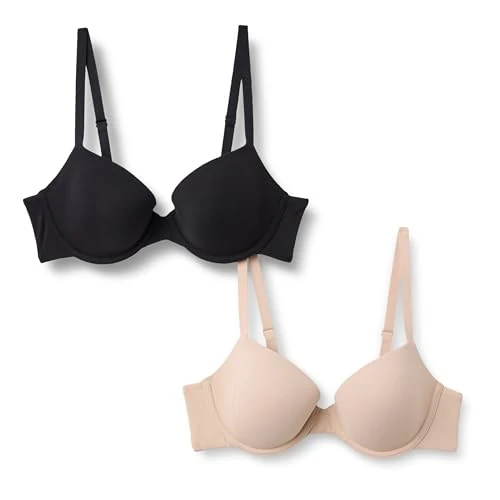 Amazon Essentials Sujetador de Media Copa con Relleno de Microfibra y Tacto Suave Mujer, Pack de 2, Negro/Pétalo Claro, 85A