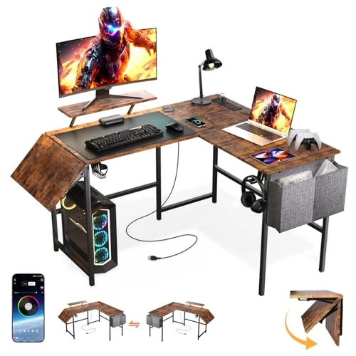 VidaTeco Gaming Tisch mit Intelligente LED-Leuchten, Schreibtisch L Form mit Schreibtisch-Erweiterung für Heimbüro, 120-150cm Eckschreibtisch mit Steckdose, Aufbewahrungstasche, Monitorständer, Braun