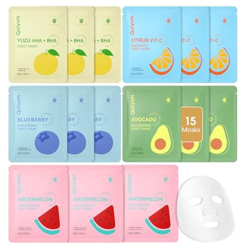 Offerta a tempo: QUIYUM Set 15 Maschere Viso Idratanti e Illuminanti alla Frutta | per Pelle Secca e Opaca, Migliora l’Incarnato, Adatto a Donne e Ragazzi - 25% da 15.99 € a 11.99 €