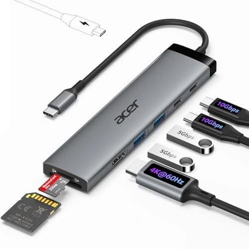 Limited-time offer: Acer 8 in 1 USB C Hub 10Gbps, USB C to HDMI Adapter 4K@60Hz for Laptop iMac | Type C Multiport Splitter with 2×USB-C 3.2, 2×USB A 3.0 Data Transfer, 100W PD, SD Card Reader for PC, Desktop, iPad- 20cm from 26.99 £ to 26.99 £ (save 0.00