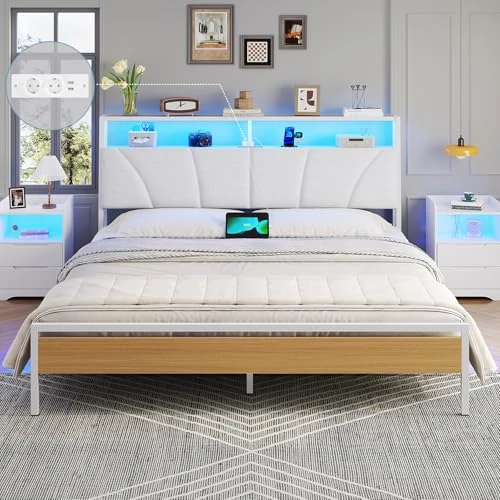 Offre limitée : Brinlawb Lit 180x200 avec Sommier Métal, Cadre de lit 180x200 cm avec Lumières LED et Multiprise (2 Prises AC, 2 Ports USB) Lit 2 Personnes avec Tête de Lit Rembourrée et Rangement, Moderne, Blanc de 99.99 € à 99.99 € (0.00% de remise)