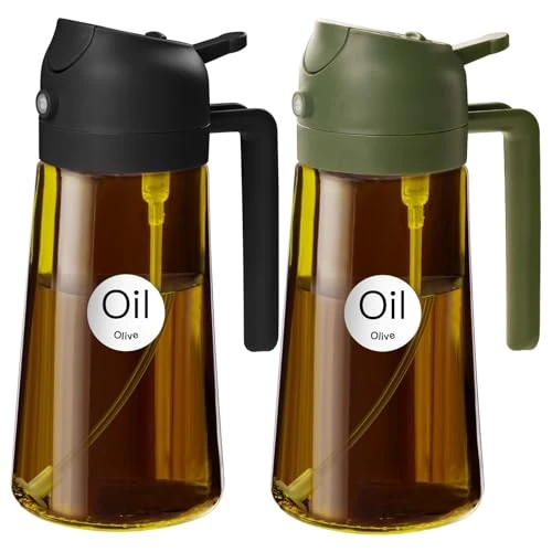 YARRAMATE 2 spruzzatori per olio da 470 ml, marrone scuro per cucinare con adesivi, dispenser per olio d'oliva 2 in 1 di qualità alimentare, per gadget da cucina, friggitrice, insalata, friggitrice