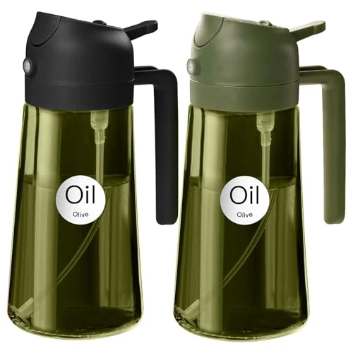 YARRAMATE 2 Stück 470ml Ölsprüher zum Kochen, 2-in-1 UV Schutz ölzerstäuber für die Küche, hochwertige grüne Glasölflasche, lebensmittelechter Sprühflasche für die BBQ (schwarz & olivgrün)