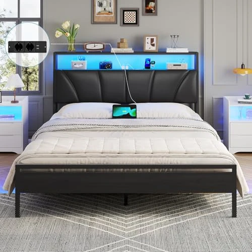 Offerta a tempo: Brinlawb Letto Imbottito 140x190 cm, Struttura letto con Luce LED e Stazione di Ricarica (2 Prese CA 2 Porte USB) Letto Matrimoniale con testiera e pediera, Facile da montare, Moderno, Nero - 0.00% da 109.99 € a 109.99 €