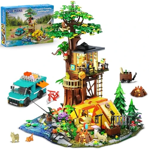 CUBIMANA Camping Tree House Construction Toy with Light, 1715 Pieces Camping Site 3.6 mm Mini Construction Kit Model with Tent Camper, Clamping Building Blocks Toy for Adults Teenagers Boys Girls