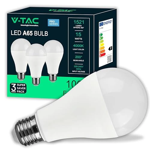 V-TAC 3x Lampadine LED 15W ad Alta Luminosità 1521 Lumen - E27 A65 - Lampadine Nuova Generazione - 4000K Luce Bianco Naturale - Equivalenti a 100W - Box da 3