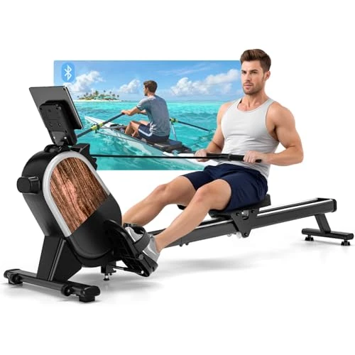 CHAOKE Máquina de remo profesional para casa, máquina de remo magnética con 16 niveles de resistencia y doble guía deslizante, con aplicación compatible, monitor Bluetooth y Stent, capacidad de carga