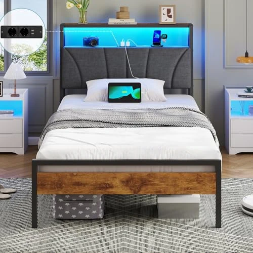 Offerta a tempo: Brinlawb Letto Imbottito 90x200 cm, Struttura letto con Luce LED e Stazione di Ricarica (2 Prese CA 2 Porte USB) Struttura letto con piattaforma in metallo, Facile da montare, Moderno, Nero e Grigio - 22% da 89.99 € a 69.99 €