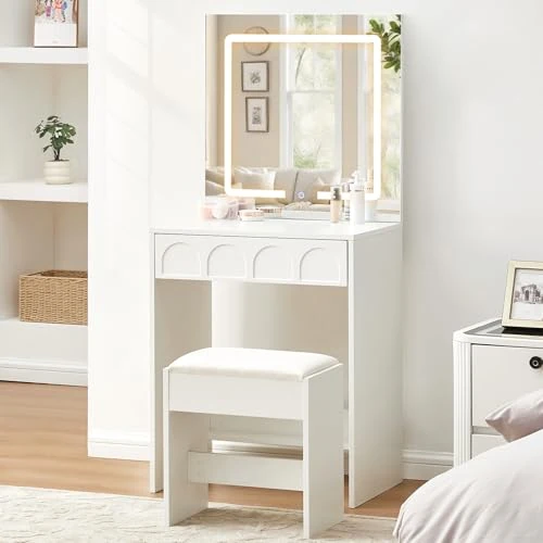 Limited-time offer: LEMROE Dressing Table with Rectangular LED Mirror and Stool, Compact Small Vanity Table Set with Vacuum-Formed Drawer for Small Spaces, White Makeup Desk for Bedroom, Modern (White - Square Mirror) from 85.99 £ to 85.99 £ (save 0.00%)