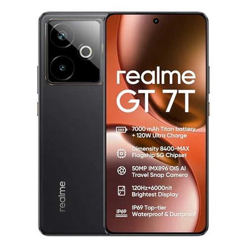 realme GT 7T 5G Smartphone 12+256GB, IceSense Black, 6.8 inch écran, 120Hz Display, 7000mAh Batterie, 58MP caméra AI, MediaTek Dimensity 8400 chipset, IP68