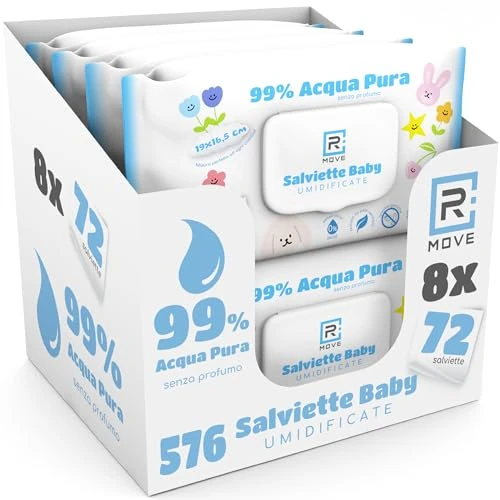 R MOVE 576 babydoekjes zuiver water 99% vochtig, 8 verpakkingen met 72 waterdoeken, vershouddeksel, hydraterend, desinfecteren en verfrissend, handen en lichaam (zuiver water)
