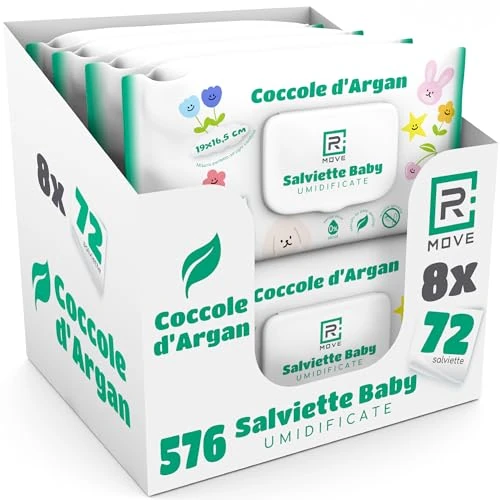 Offerta a tempo: R MOVE 576 salviette neonato umidificate Coccole D’Argan, 8 confezioni da 72 salviettine bambini, Coperchio Salvafreschezza, Idratanti, igienizzanti e rinfrescanti, mani e corpo (Coccole d'Argan) - 0.00% da 9.97 € a 9.97 €