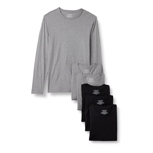 Amazon Essentials Herren Unterhemden Aus Baumwolle Mit Rundhalsausschnitt In Slim-Fit-Passform, 6er-Pack, Grau Meliert/Schwarz Langarm, XL