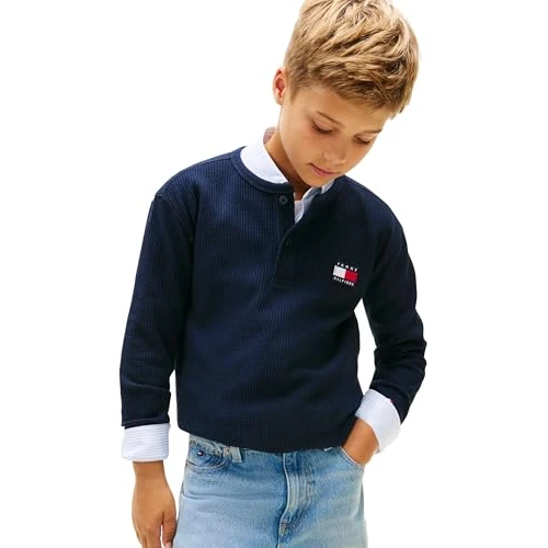 Zeitlich begrenztes Angebot: Tommy Hilfiger Jungen Langarmshirt Heritage Henley Waffelstrick, Blau (Dark Night Navy), 74 von 44.90 € auf 20.19 € (55% Rabatt)