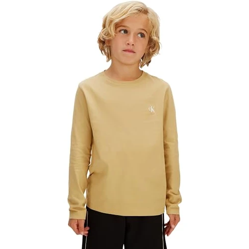 Calvin Klein IB0IB02255 T-shirt voor jongens met 2P borst mono LS Overige tops, beige (Sandy Beige/Whitecap Grey), 8 jaar, Beige (Sandy Beige/Whitecap Grijs), 8 jaar