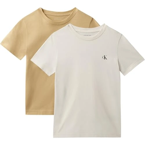 Offerta a tempo: Calvin Klein Bambino T-Shirt Maniche Corte Confezione da 2 Monogram in Cotone, Beige (Sandy Beige/Whitecap Grey), 12 Anni - 8% da 25.99 € a 23.99 €