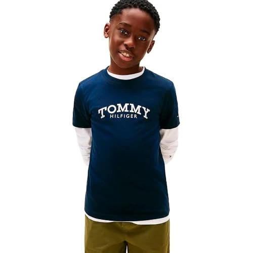 Tommy Hilfiger T-Shirt da Ragazzo con Stampa Grafica MONOTYPE KB0KB10051 S/S T-Shirt, Blu (Dark Night Navy), 7 Anni, Blu (Dark Night Navy), 7 Anni