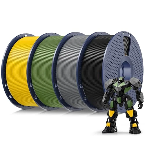 SUNLU PLA Filament Multicoloured Set, 3D Printer Filament PLA 1.75 mm +/- 0.02 mm, Easy to Use, Suitable for Most FDM 3D Printers, 1 kg Spool, 4 Pieces (Black + Grey + Olive Green + Bright Yellow)
