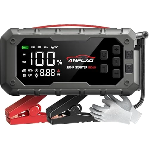 Jump Starter Power Pack with Air Compressor, ANFLAG 7000A 160PSI Car Battery Booster Jump Starter(All Gas/14L Diesel/Hybrid), 12V Portable Car Starter Power Bank with Jump Leads, Gloves, Lights