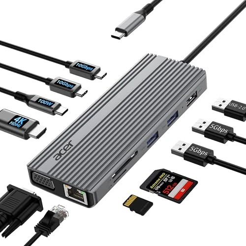 Tijdelijke aanbieding: Acer 11-in-1 USB C HUB Multiport Adapter met 4K @60Hz HDMI, 2x10Gbps USB C, 2x5Gbps USB A, 100W PD-poort, 1000Mbps Ethernet, 1080P VGA, SD/TF, Laptop Docking Station Dual Monitor voor PC, Desktop van 39.99 € naar 39.99 € (0.00% kort