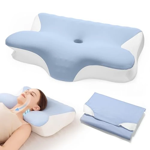 Restnature Memory Foam Neck Pillow - Orthopedic Ergonomic Cervical Pillow for Neck and Shoulder Pain, Back Stomach Side Sleepers Pillow with Support Foam, Removable Cover (Blue)