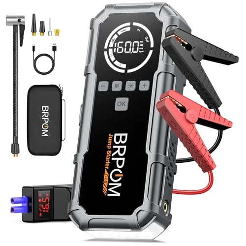 BRPOM Arrancador de Coches con Compresor de Aire, 80000A Arrancador de Batería de Coche, 160PSI Compresor Aire Portatil, Toda Gasolina o 12L Diésel, 26800mAh Banco de Energía, 600 Lumen LED
