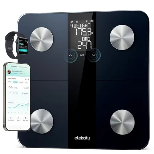 Etekcity Waga osobowa z technologią AC 180 kg/0,05 kg, Bluetooth z aplikacją, waga z tkanką tłuszczową i masą mięśniową, BMI, wyświetlacz XL