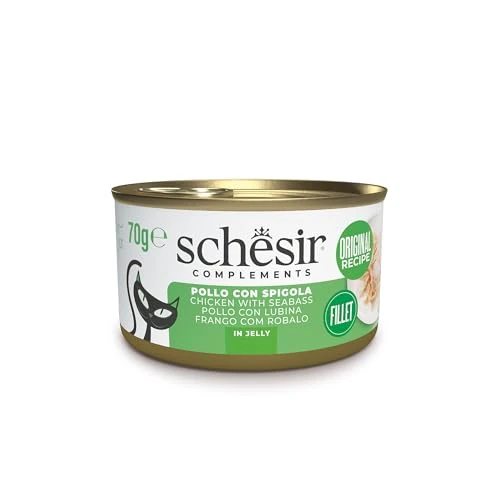 Schesir, Filetes de Pollo con lubina en Gelatina, Comida Húmeda Complementaria para Gatos, en Latas, Receta Original, 100% Natural, 12 x 70g
