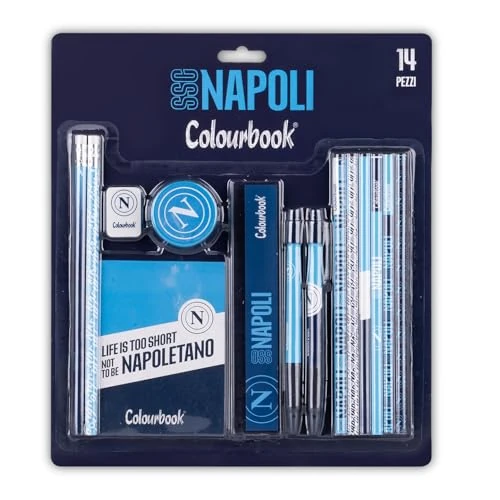 Offerta a tempo: Colourbook - SSC Napoli Set Cancelleria 14 Pezzi, Licenza Ufficiale, Include 2 Matite, 2 Penne, 6 Matite Colorate, Gomma, Temperamatite, Righello, Block Notes — 53% da 9,60 € a 4,50 €