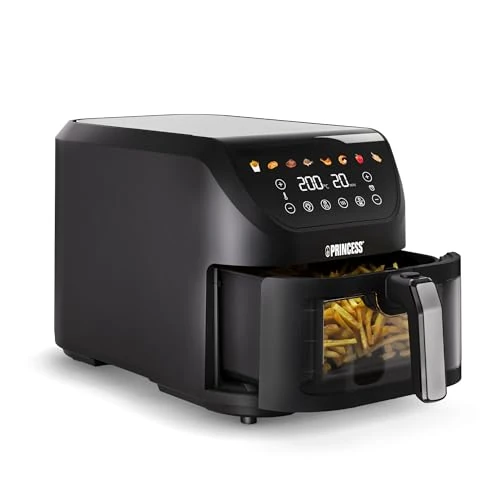 Princess SlimFry Airfryer, 8L Capacidad, 2000W, 8 Programas, Pantalla Táctil Digital, Termostato Ajustable, Ventana de Visualización, Apagado Automático, Cesta Lavable, 182257, Pilotos de color