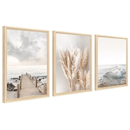 Limited-time offer: 3 Pcs Framed Canvas Wall Art Coastal Beach Ocean Seascape Painting on Canvas Prints Nordic Beige Pampas Grass Pictures for Living Room Bedroom Bathroom Hallway Wall Decor 30x40cm x3pcs (No Plexiglass) from 32.99 £ to 26.39 £ (save 20%)