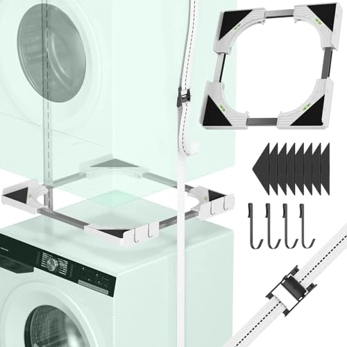 JHCHU Slimline Washer Dryer Stacking Kit, Universal Ultra-Thin Frame for 45–68 cm Appliances, Space-Saving Design with Lightweight Aluminum Ratchet Strap and 4 Multifunctional Hooks (White)