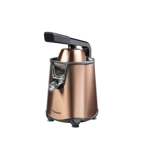 Offerta a tempo: Bestron Spremiagrumi elettrico, spremiagrumi con funzione di arresto e filtro polpa in acciaio inox, con 2 coni, capacità 450 ml, leva soft pressa per un facile utilizzo, colore: rame - 27% da 37.44 € a 27.49 €