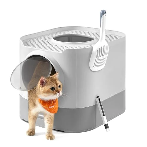 Feandrea Kattenbak, kattenbak XXL, met deksel, uittrekbaar dienblad, schep, borstel, voor katten van verschillende maten, minder sporen, duifgrijs-lichtgrijs PPT002GD01