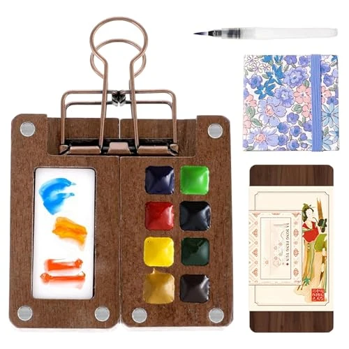 Kit de voyage pour aquarelle, carnet de croquis, palette, mini palette de peinture en bois, 8 grilles de voyage, aquarelle, gouache, peinture acrylique, avec journal de papier aquarelle, pinceau