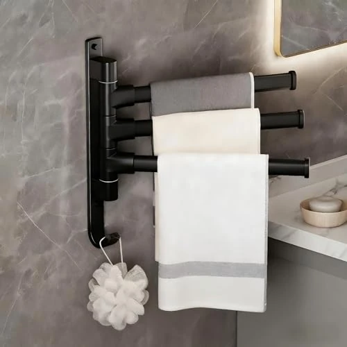 Limited-time offer: Towel Rail 3 Rails Rotating Towel Rail for Wall - 180° Rotatable, Wall Mounted Aluminium for Bathroom, Kitchen and Wardrobe with Mounting Accessories (Black) from 12.05 £ to 12.05 £ (save 0.00%)