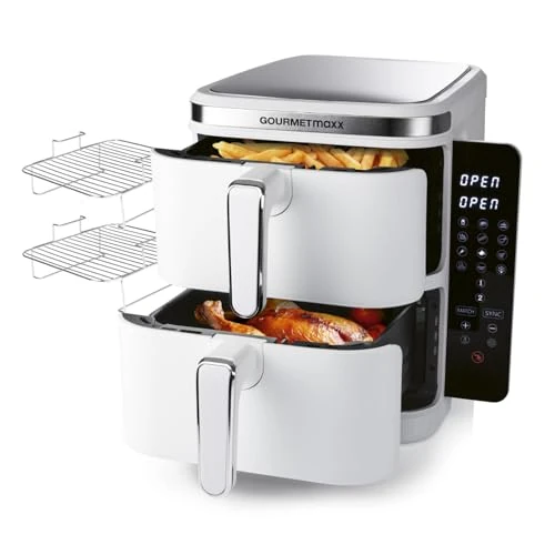 GOURMETmaxx FryUp Vertikale Doppelkammer Heißluftfritteuse | vertikaler Airfryer | klappbares Touchdisplay | 32% platzsparender | Fassungsvermögen 10L | Heißluftfritteuse 2 Kammern