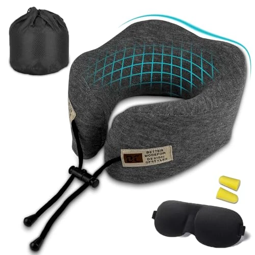 TFCIOD Almohada de Viaje para Cuello, Cojín Cervical Ergonómico con Soporte 360°, 100% Viscoelástica, Cojin de Viaje Cuello con Máscara de Ojos, Tapones y Bolsa para Avión, Coche y Tren (Gris Oscuro)